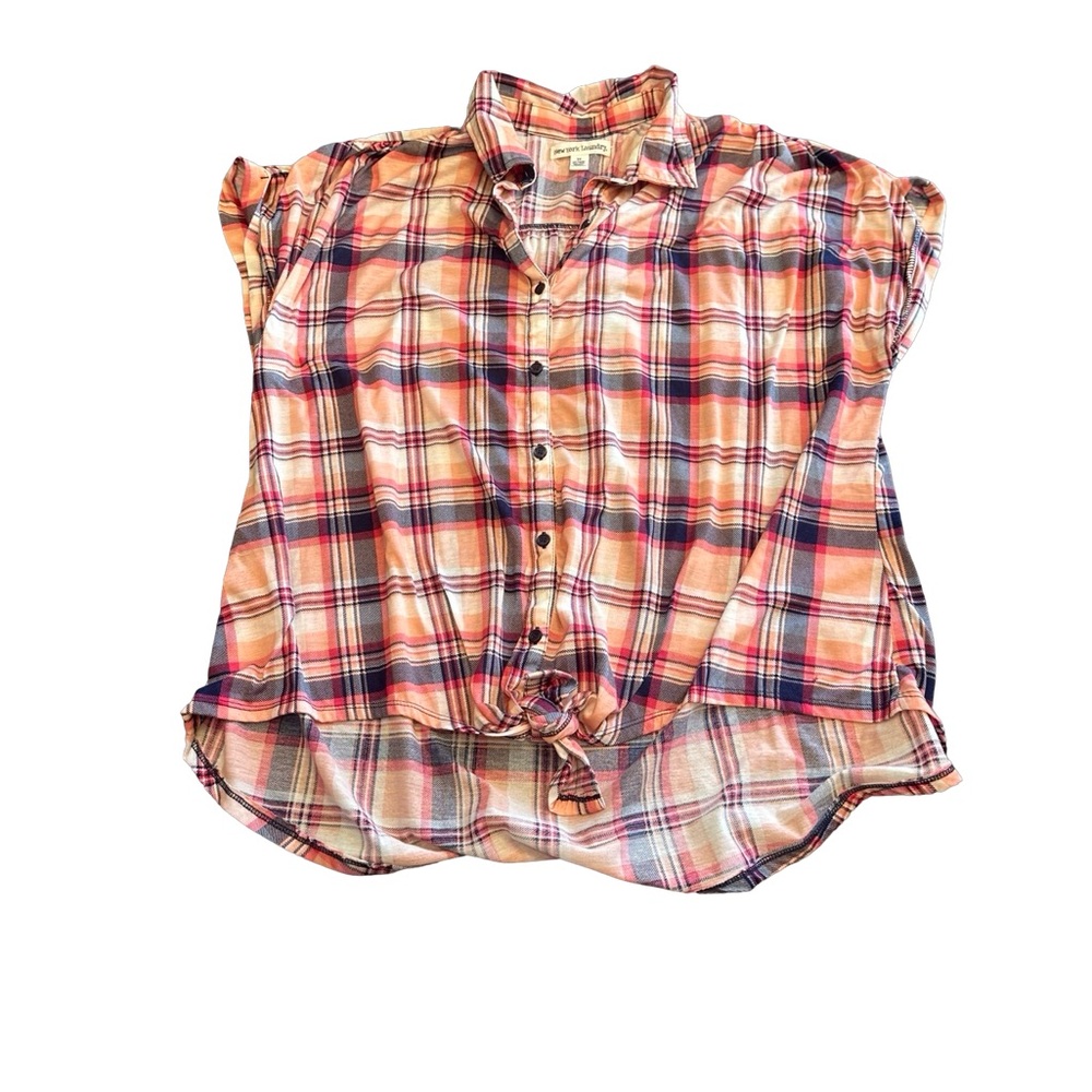 New York Laundry Red and Blue Button Down Shirt with Tie-Front
